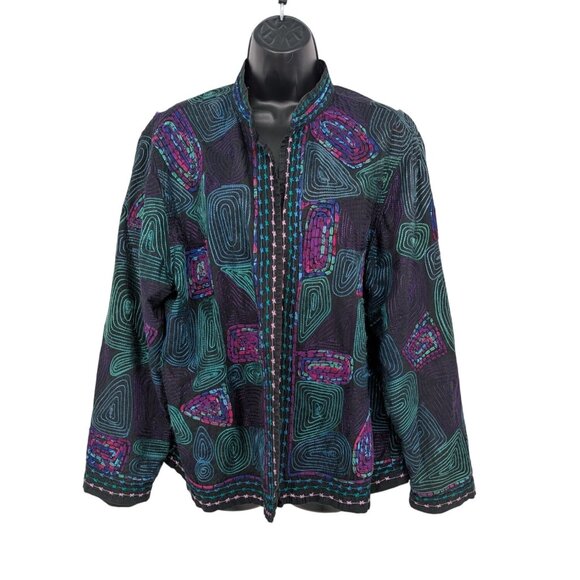 Embroidered Blazer Jacket Women Size 1X Open Front Boho Geometric Patchwork Art - Picture 1 of 16